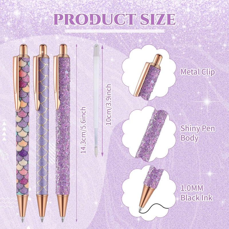 Sherr 7 Pcs Fancy Pens for Women Cute Sparkly Glitter Pens with 10 Pcs Black Ink Refills Pretty Gifts for Girls Office School Christmas Graduation(Purple,Stylish) - Image 2